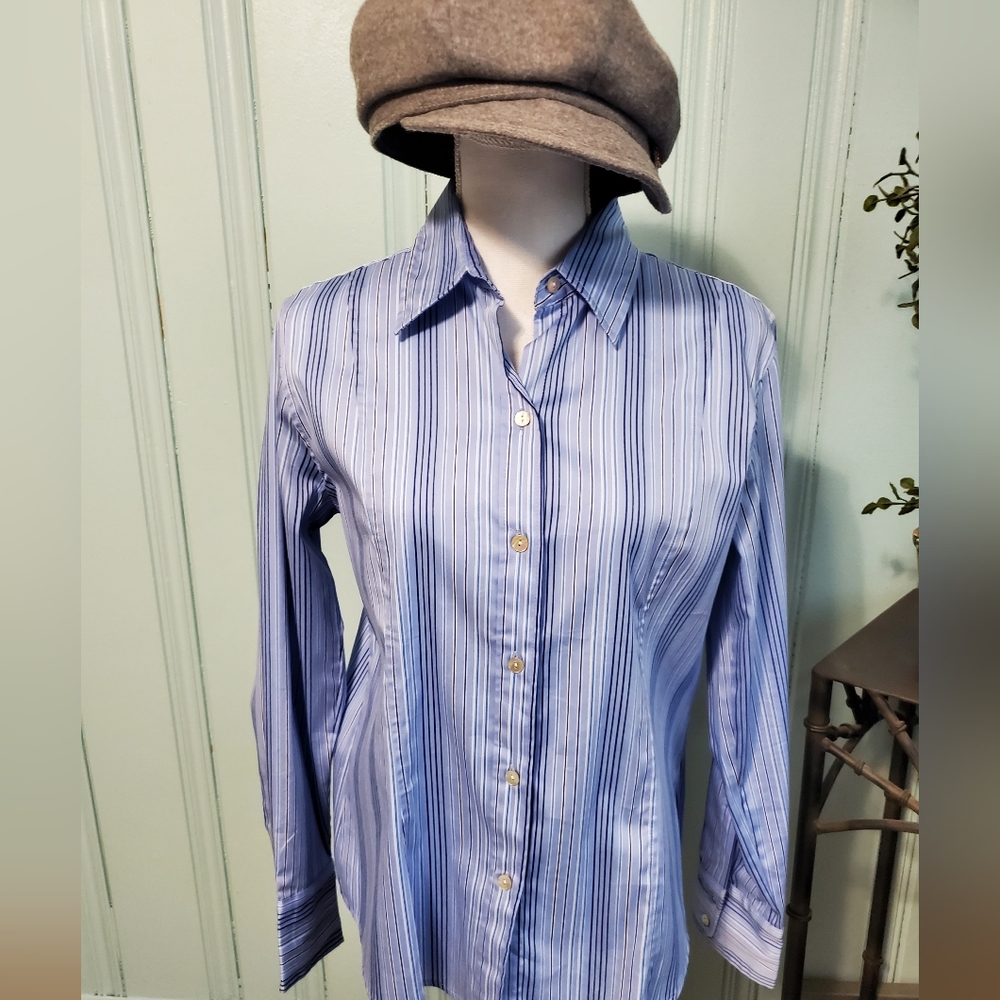 Finely Tailored Blue Pinstripe Long Sleeve Blouse